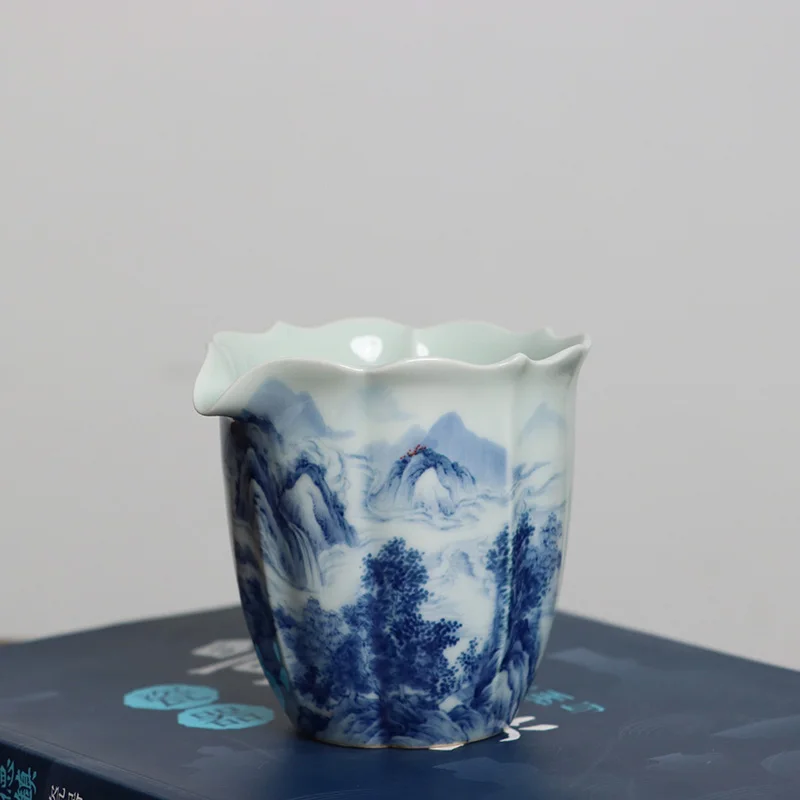 Taza de feria oculta JingLin, dise&ntilde;o art&iacute;stico de paisaje azul y blanco-1