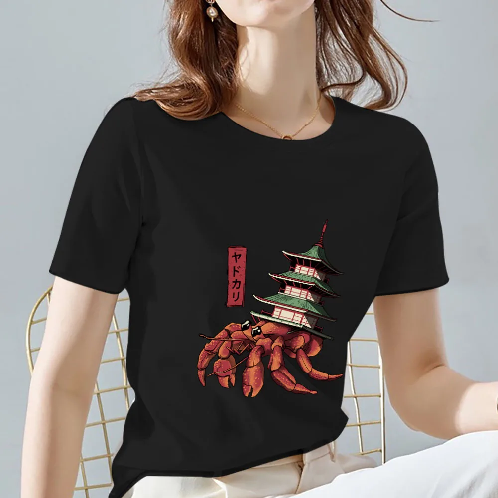 

Street Women's T-shirt Top Commuter Basic Slim All-match Cute Monster Pattern Printing Youth O-Neck Casual Black Short Sleeve