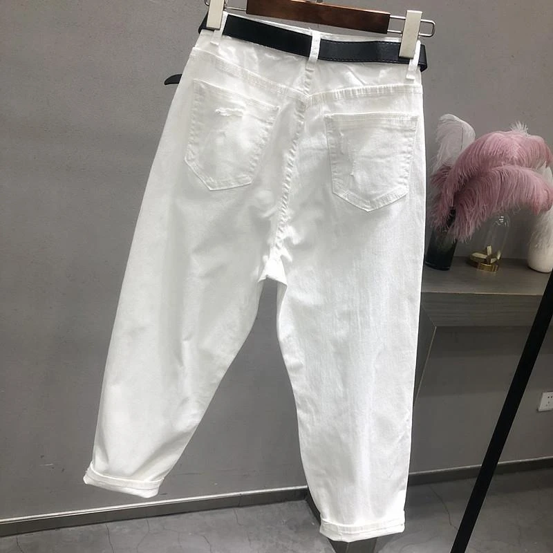 

White Star Jeans Korean Fashion Women High Waist Vintage Hole Loose Denim Pants Casual Ankle-length Harem Pants Dance Girl Wear