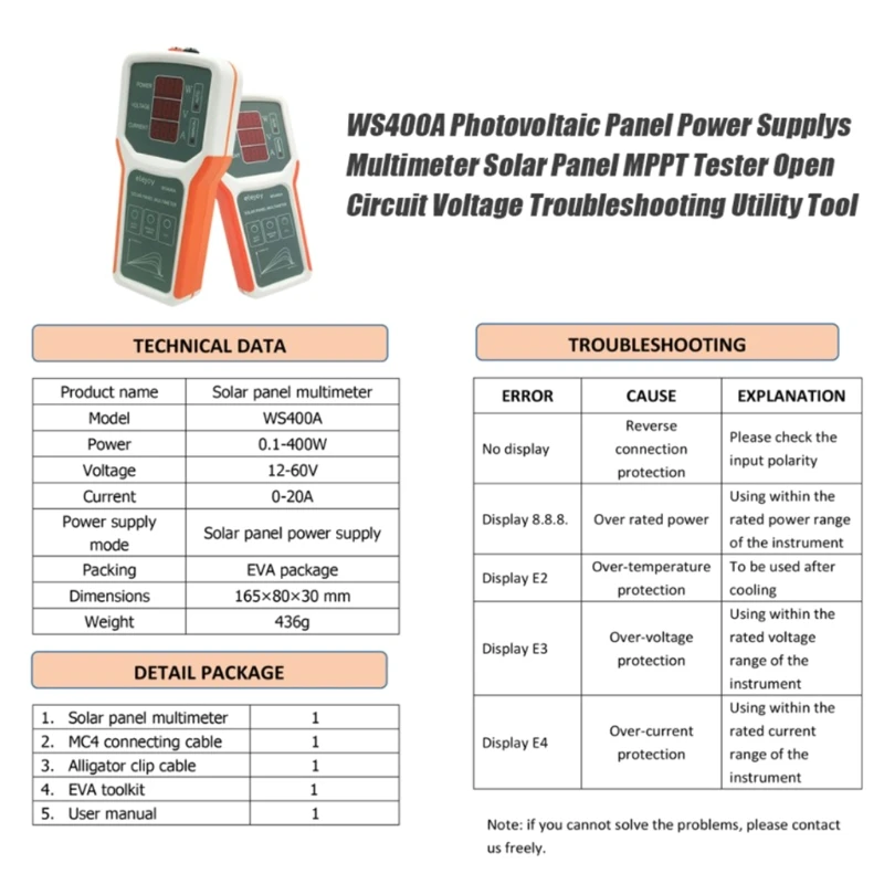 

Meter Multimeter AC Current and AC/DC Voltage Tester with Amp WS400A Photovoltaic Panel Multimeter Large Capacity