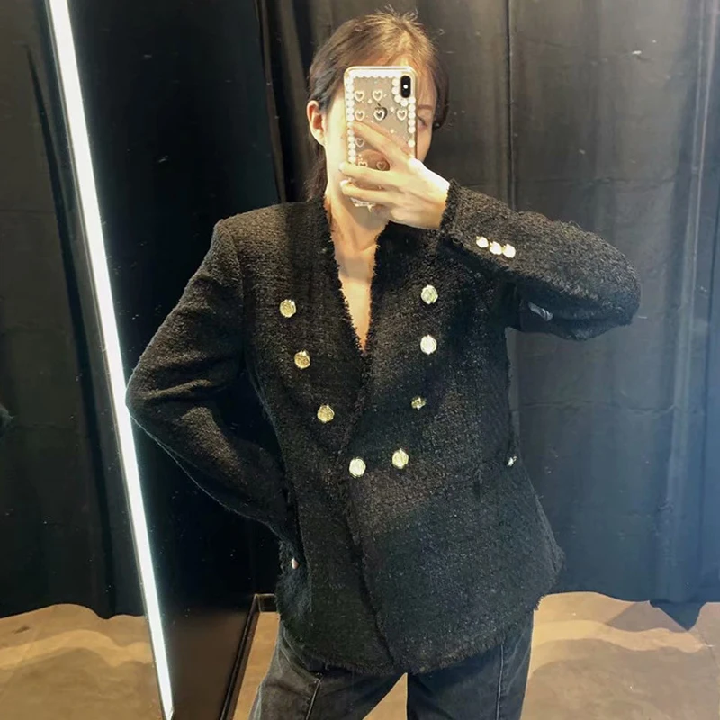 Пикантный шерстяной твидовый блейзер с V-образным вырезом осенний пиджак женский