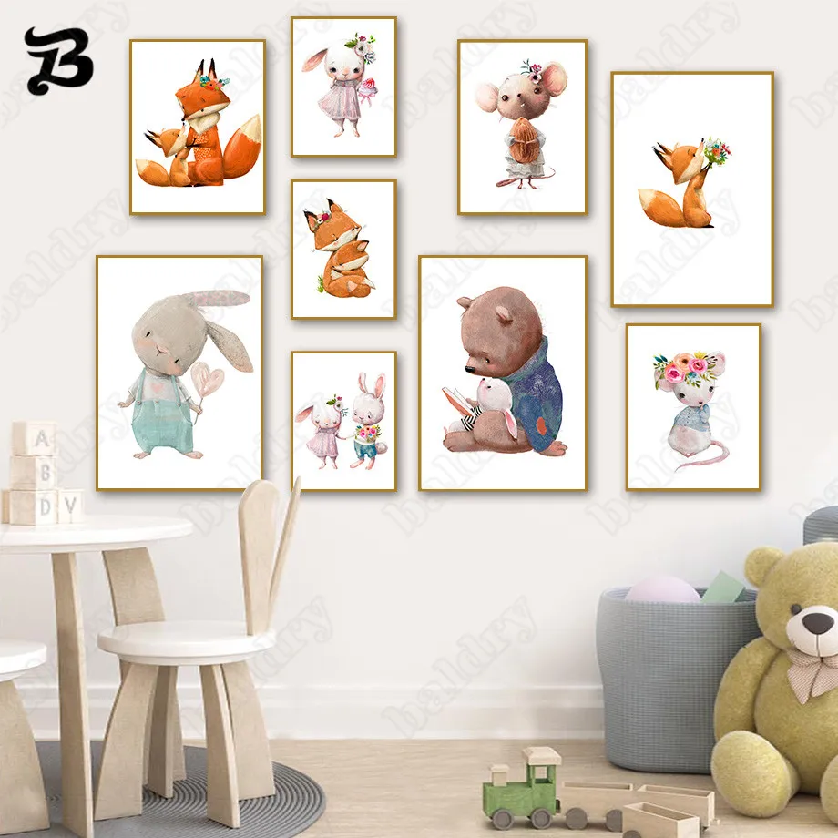 

Canvas Painting for Living Room Cute Rabbit Bear Fox Mouse Cartoon Animals Wall Art Posters and Prints for Kids Room Wall Decor