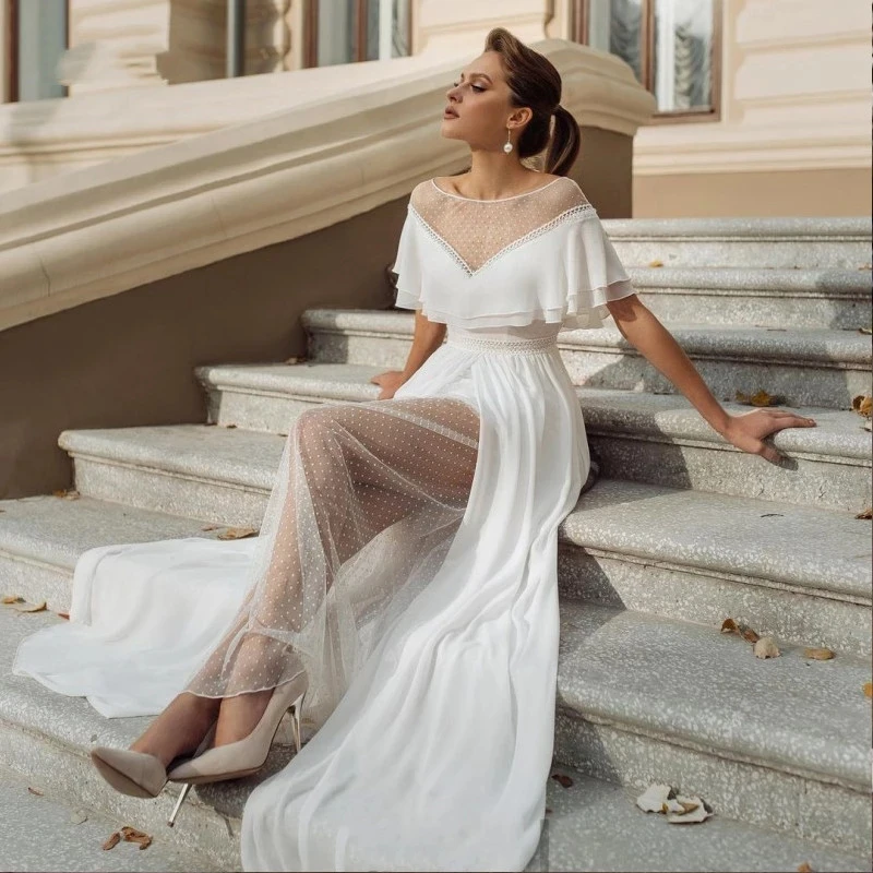 

HERBURNL Elegant Wedding Lace Puff Sleeves Slim Chiffon Sheer Short Sleeves Beach Dress Bows A-Line Robe De Marie Tulle