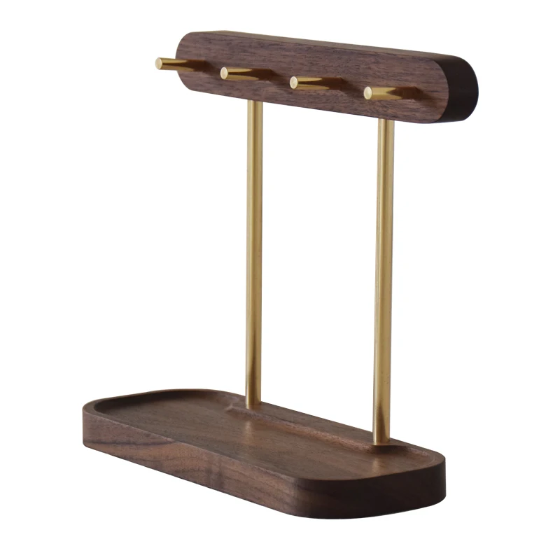 

Stylish Brass Color Key Storage Rack Solid Wood Walnut Base Desktop Debris Organize Rack