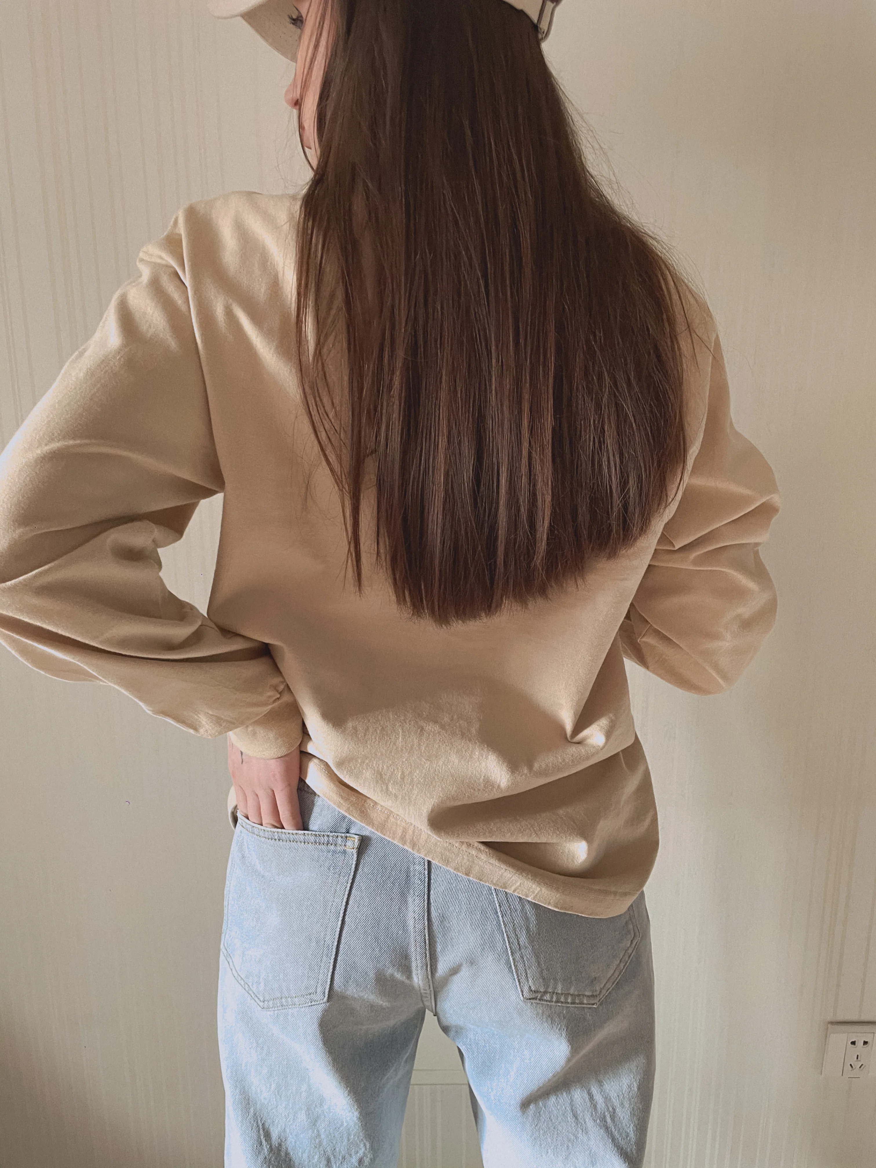 

Cotton jacket, basic style, comfortable clothing, beige color, casual wear, loose fit, crew neck, Cotton