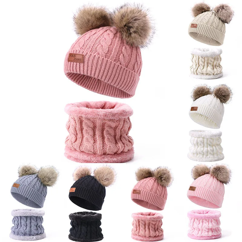 

Two pieces Hat Scarf Set Beanie Cap Children's Hats Girls Caps Fake Ball Pompon Keep Warm Winter Knitted Skullies Kids Bone