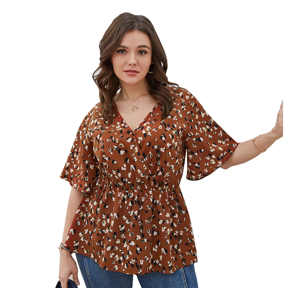 

Plus Size Women's European Station New Product 2021V-neck Sexy Short-sleeved Shirt Casual Waist Fashion Chiffon Shirt