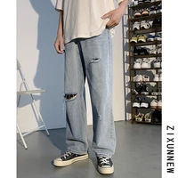 ripped jeans for men hombre mens summer 2021 new loose straight high street pants korean trend capris hip hop streetwear