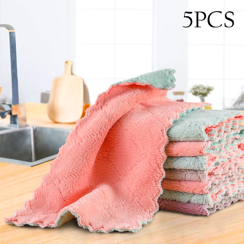 

5pcs Is Cheaper Double-layer Absorbent Microfiber Kitchen Dish Cloth Non-stick Oil Household Cleaning Wiping Towel Kichen Tool