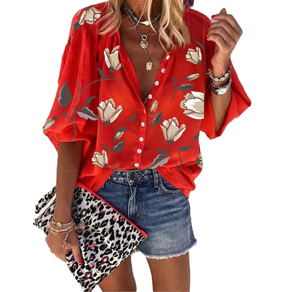 

Women Shirt Casual Loose Flower Print Turn-down Collar Casual Long Sleeve Loose Party Fashion Vintage Elegant Blouse