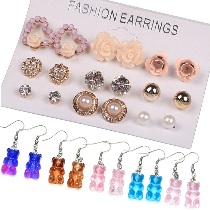 

12/ 9 Pairs/Set Women's Pearl Flower Crystal Studs Earrings Girls Elegant Rose Flower Heart Ear Jewelry Gift