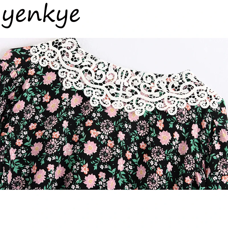 

Vintage Floral Print Dress Women Lace Trim Peter Pan Collar Short Sleeve Pleated Casual Dress Short Summer vestido BBWM2117