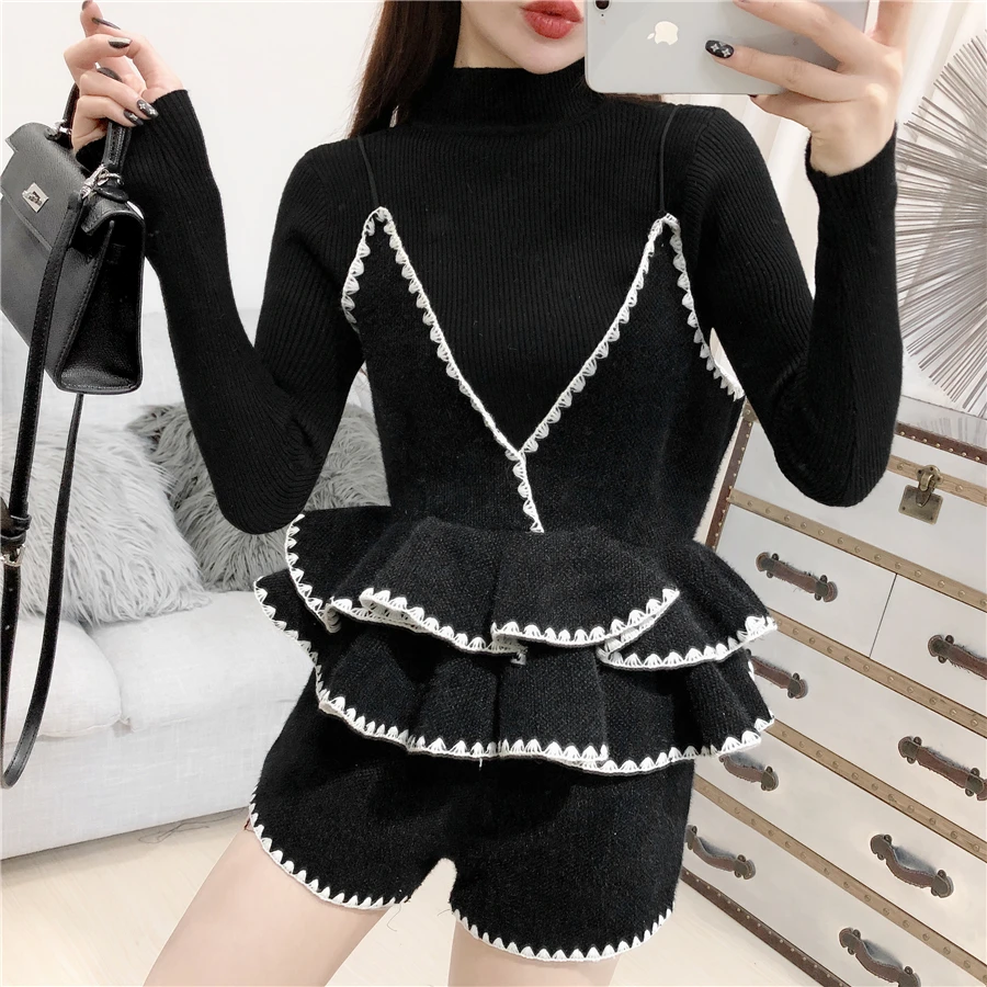 ALPHALMODA, вязаный свитер+ жилет с рюшами+ шорты, Женский Стильный костюм из 3 предметов, новинка, осенне-зимний модный комплект одежды