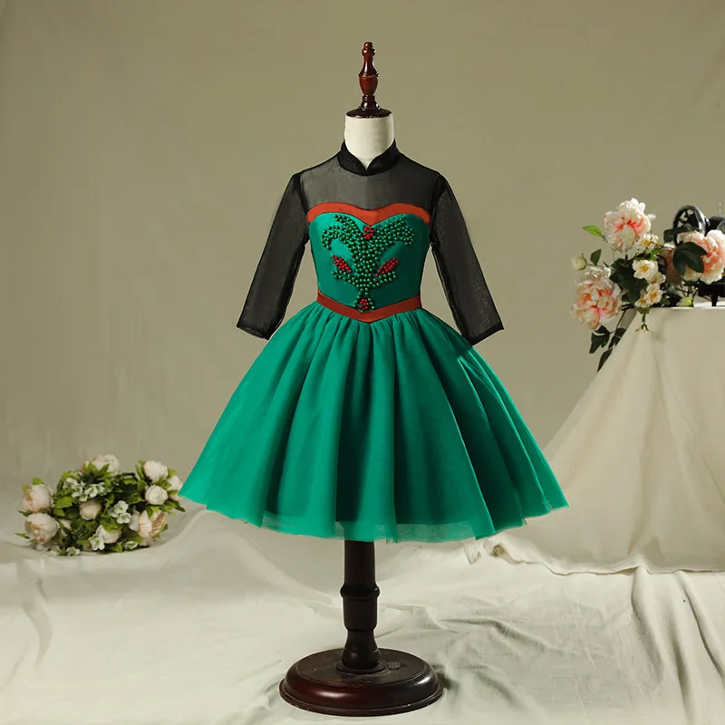 Платье принцессы Анны зеленое с цветочной вышивкой для маленьких девочек платья