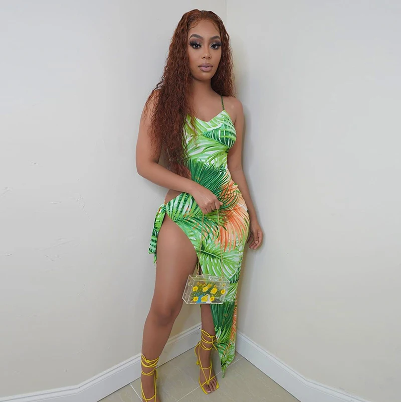 

hirigin V Neck Side Split Bandage Printing Maxi Dresses Vacation Sexy Hot Clubwear Skinny Women Strap Bodycon Dress Party Green