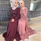 Мусульманские Вечерние платья для женщин с длинным рукавом драгоценные камни трапециевидной формы со шлейфом крупное Бисероплетение строгое скромное платье