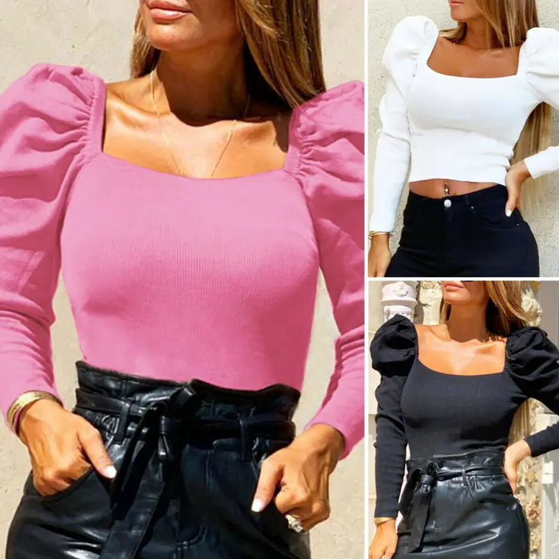 2020 Vintage Women Sexy Crop Tops Autumn Winter Clothes Puff Sleeve Ruffle T-Shirts Elegant Ladies Casual Tees Streetwear | Женская