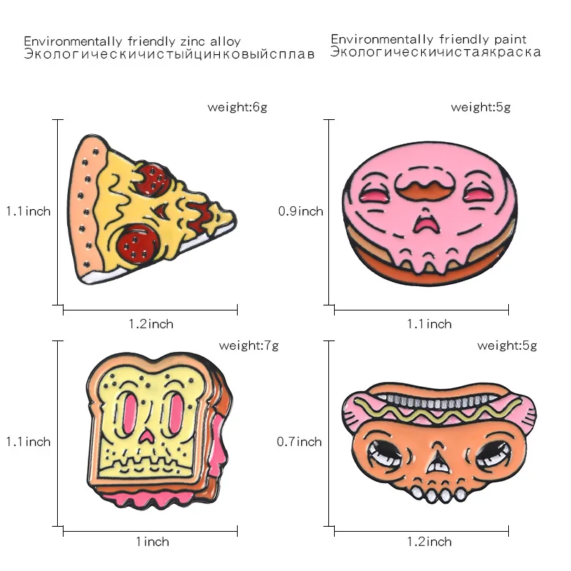 

Lovely Toast Chest Brooch Funny Skull Food Hot Dog Toast Pizza Donut Brooch Creative Badge Jewelry Enamel Pins For Friends