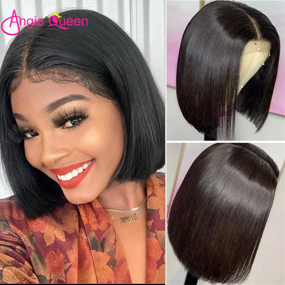 

Женские прямые короткие парики ANGIE QUEEN, бразильские человеческие волосы с предварительно выщипанными волосами Remy, передние парики из челове...