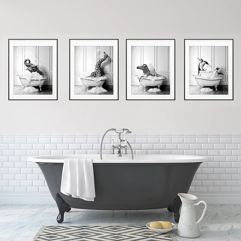 

Animal Black White Art Prints Elephant Zebra Penguins Giraffe Bathtub Canvas Poster Nordic Wall Pictures Bathroom Toilet Decor