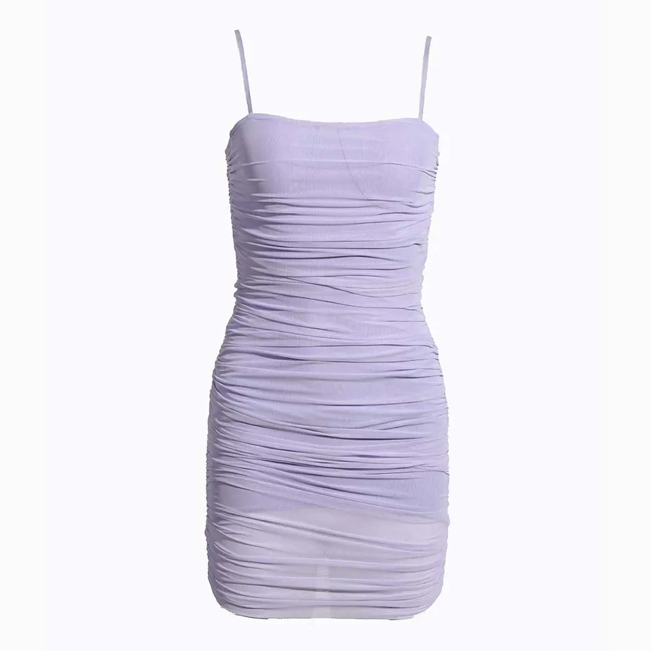 light purple Новые летние женские модные пикантные флуоресцентный зеленый светильник фиолетовый спагетти складки мини-платье облегающее Клубное праздничное платье - Цвет: light purple