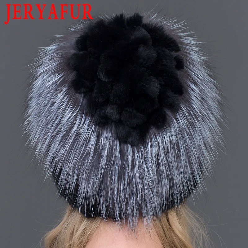 

JERYAFUR Women Winter Mink Fur Hat Knitted Real Mink Silver Fox Fur Caps Female Russian Warm Beanies Best Women Fur Hat