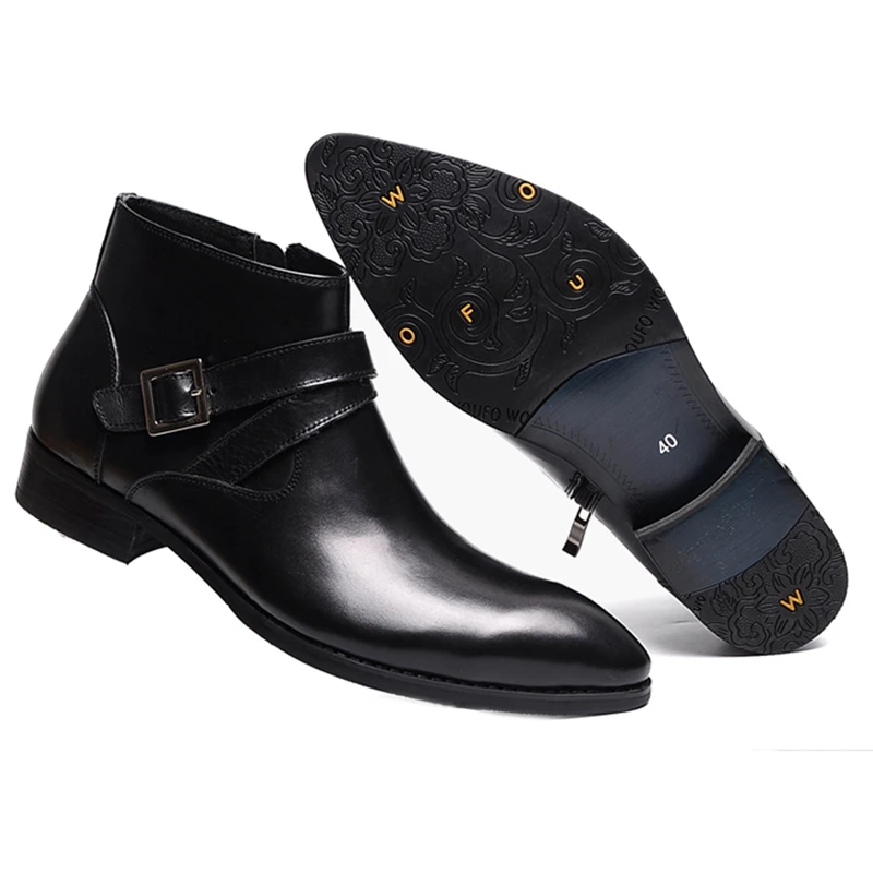 

Italian Genuine Leather Formal Dress Office Man Ankle Boots Pointed Toe Zipper Flats Handmade Men's Cowboy Riding Shoes WF108