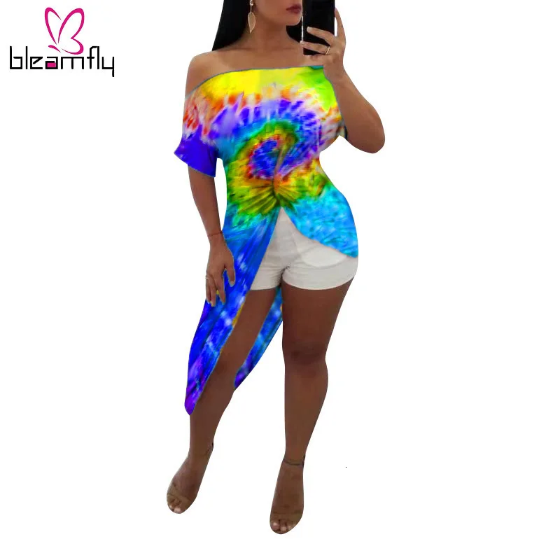 2019 женское платье с черными дырками и принтом Tie Dye открытыми плечами завязками до
