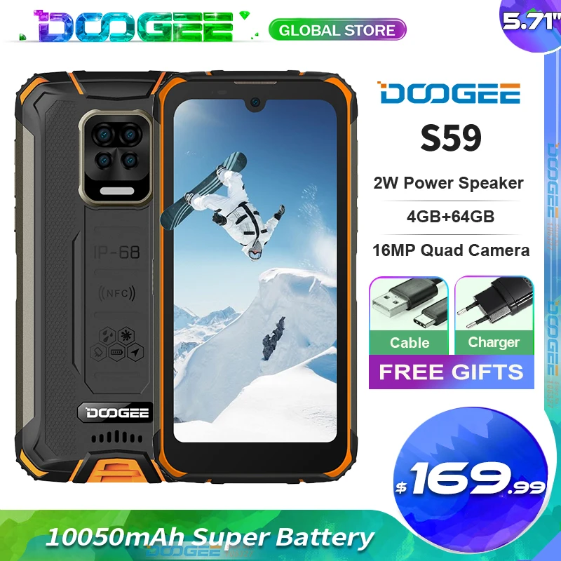 Doogee S59 прочный мобильный телефон 10050 мАч супер Батарея 4 Гб + 64 5 71 ''Android10 2 Вт