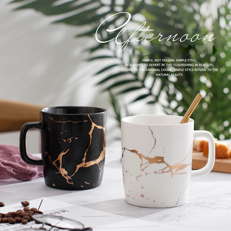 

Light Luxury Mug European Marble Matte Phnom Penh Milk Coffee Tea Cup Latte Cup porcelain Send Spoon 380ml Couple Lover's Gift