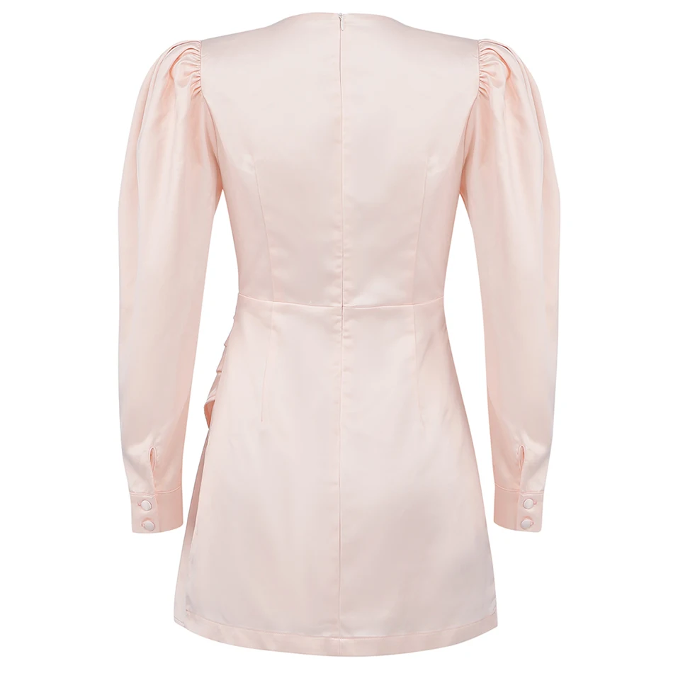 

High Quality New Spring Pink Sexy Deep V Neck Long Sleeve Elegant Mini Dress 2021 Women Lotus Leaf Fold Celebrity Party Dress