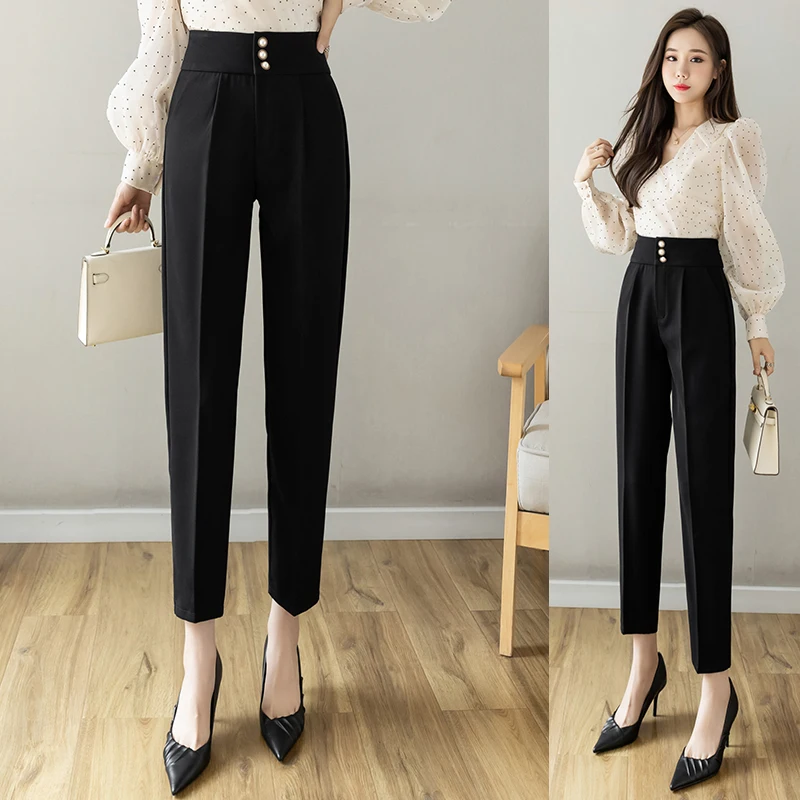 

Брюки Limiguyue женские с жемчужными пуговицами, элегантные брюки-султанки до щиколотки, офисные штаны, черные, K3368, весна-осень