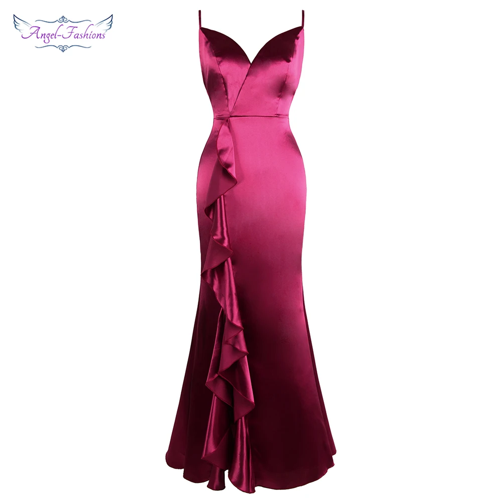 Angel-fashions Women's Spaghetti Strap V Neck Satin Slit Ruffles Backless Maxi Bodycon Sexy Prom Dress Rose 475