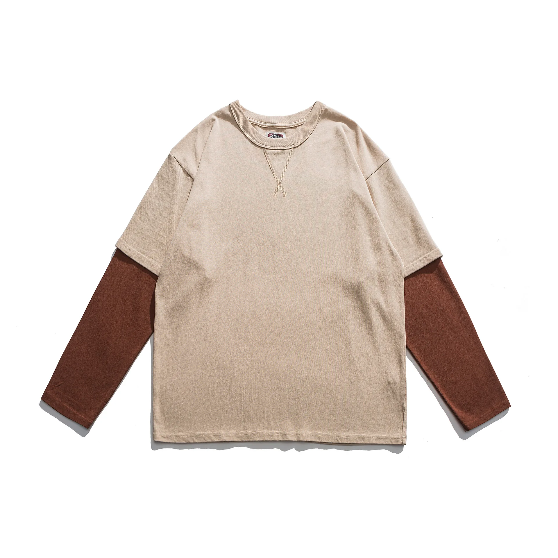 

2021ss Japanese Retro Loose Fake Two Contrast Off Shoulder Men's T-shirt BF Neutral Wearable T-shirt