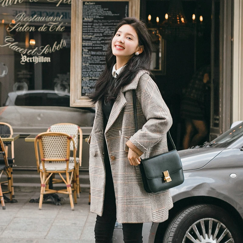 Качественный плед лацкан шерстяного пальто тонкий двубортный Хаундстут