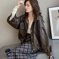 leather jacket for women korean basketball tops short bomber coat turn down collar black brown overwear fall winter clothes