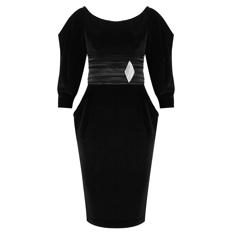 

DEAT 2021 New Women Fashion Slim Black Square Collar Puff Sleeve Patchwork Diamond Folds High Waist Dress Summer Autumn 7E1310