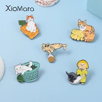 lazy cats in box enamel pins catch fish sell oranges watermelon brooches clothes hat backpack pin badge jewelry gift friend