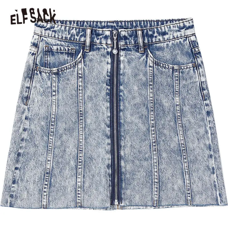

ELFSACK Gray Solid High Waist Casual Washed Women Mini Denim Skirts 2020 Summer ELF Vintage Zipper Korean Ladies Daily Bottoms
