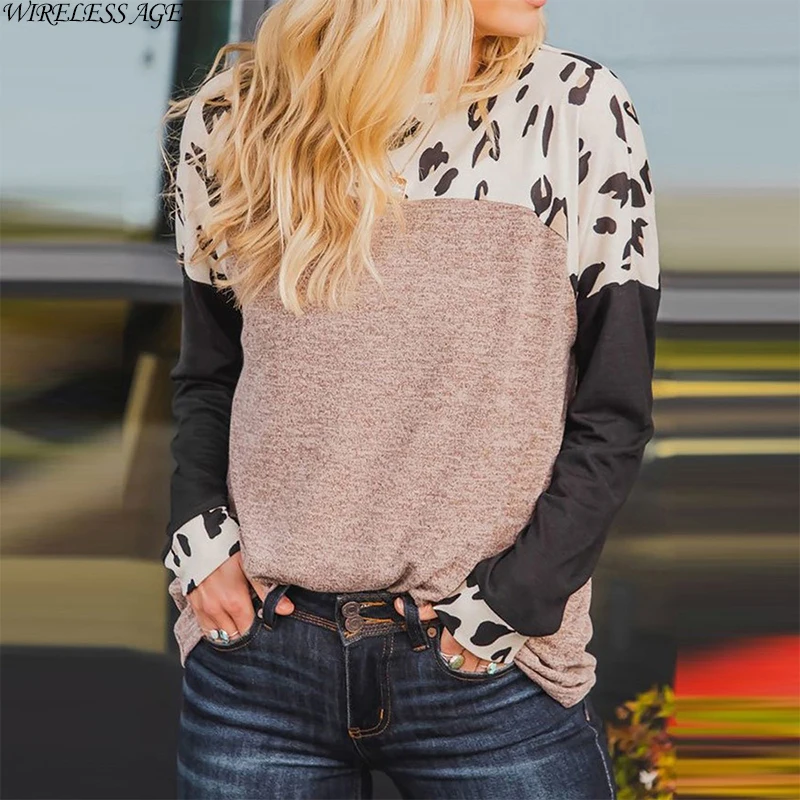 

Women Sweater Long Sleeve Round Neck Splicing Printed Loose Casual Women's 2021 New Pullover Tops Spring Autumn Fashion Wild
