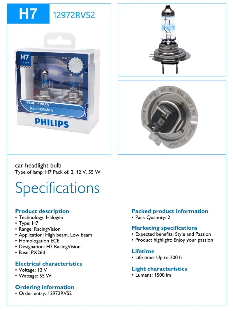 Philips H4 H7 9003 Racing Vision+ 150% больше яркости авто фары Hi/lo луч галогенная лампа ралли производительность ECE, пара