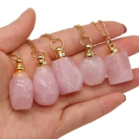 natural stone rose pink quartz perfume bottle necklace pendant crystal essential oil diffuser vial charm jewelry necklaces women