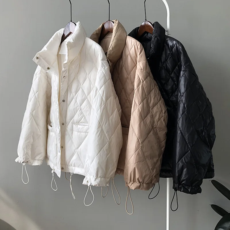 Женский пуховик с воротником стойкой теплый свободный со стразами в Корейском