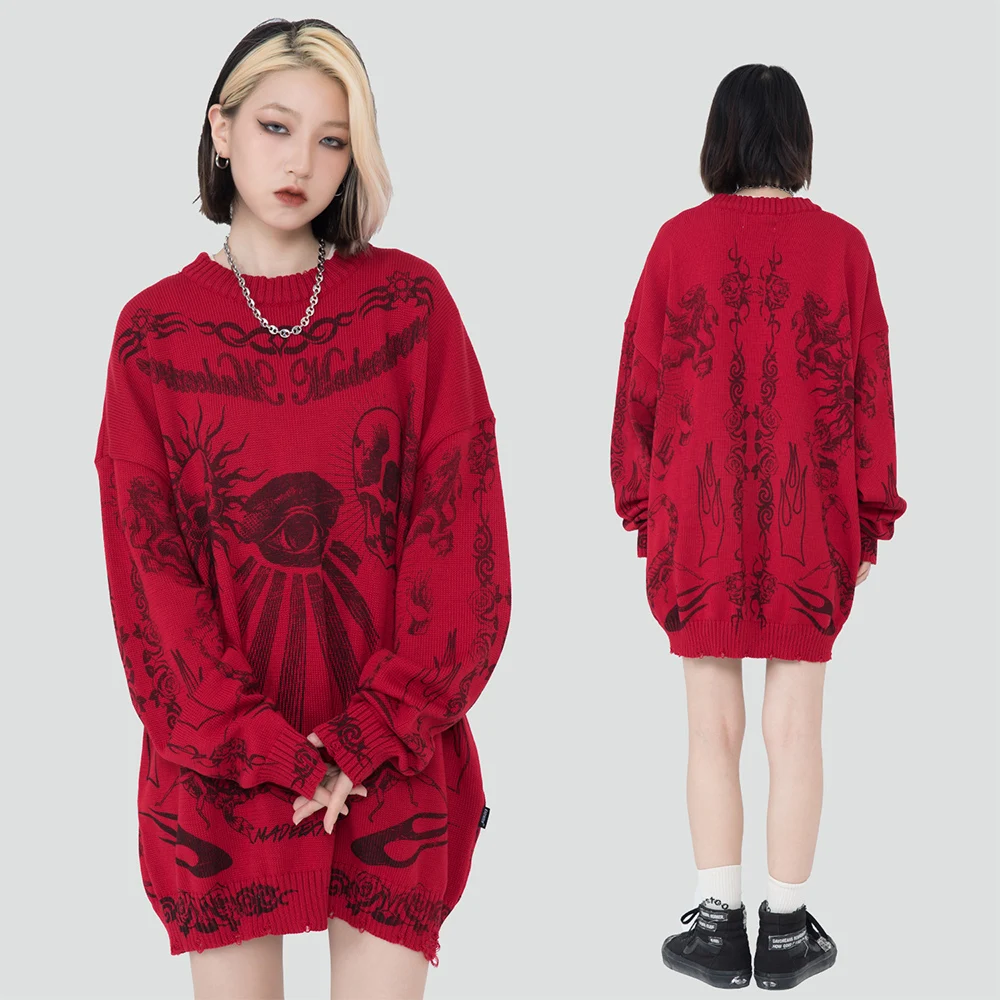 Skulls Print Oversized Sweater Frayed Goth Women Men Clothes Y2k Sweaters Knitted Pullovers Streetwear Harajuku Long Sleeve Tops | Мужская
