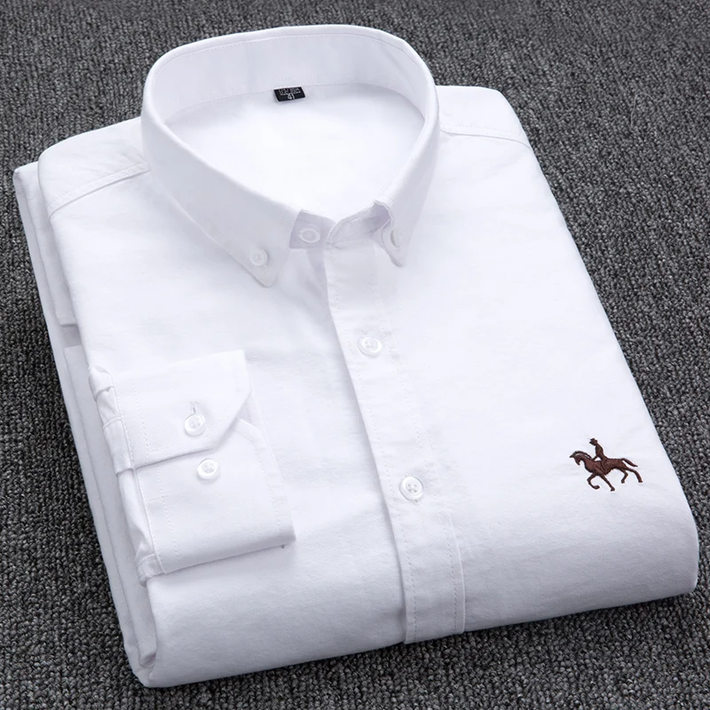 

100% Cotton Oxford Shirt Men's Long Sleeve Embroidered Horse Casual Without Pocket Solid Yellow Dress Shirt Men Plus Size 5XL6XL