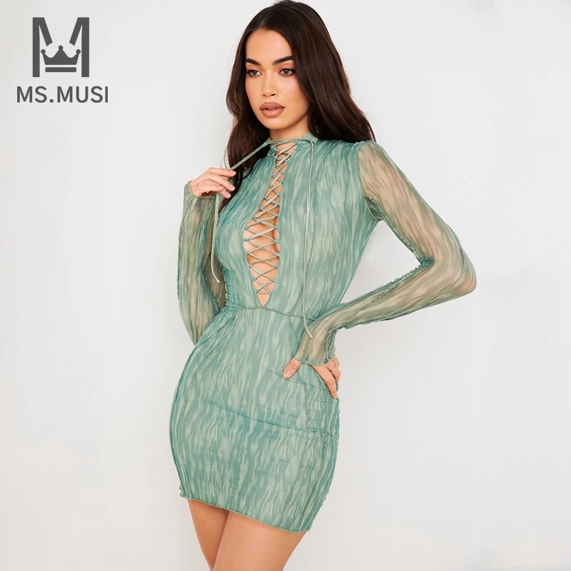 

MSMUSI Новое модное женское зеленое кружевное Сетчатое атласное облегающее мини-платье на шнуровке с длинным рукавом пикантное Клубное плать...