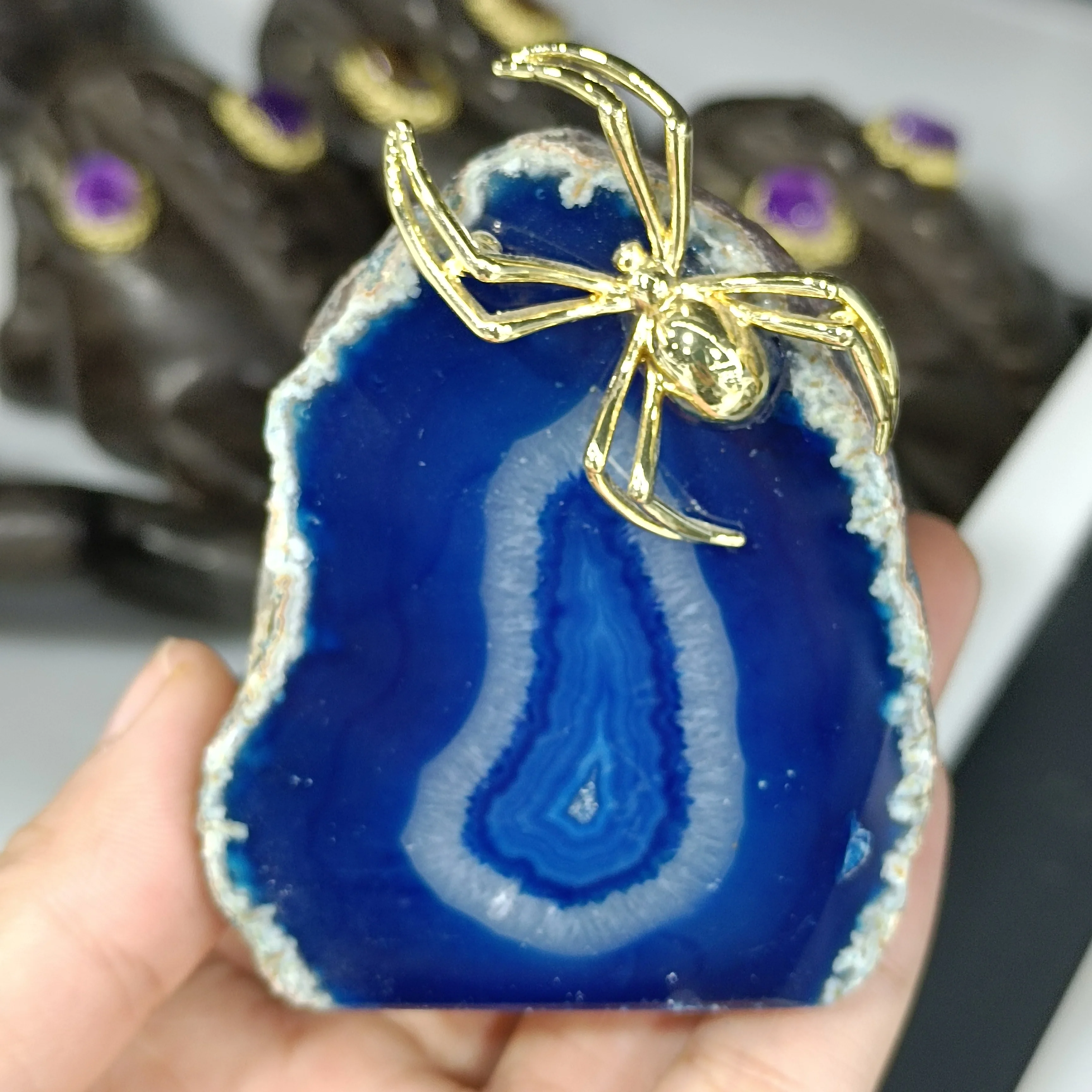

1pc Natural crystal Brazilian agate ornaments Color mixing Metal fittings healing reiki