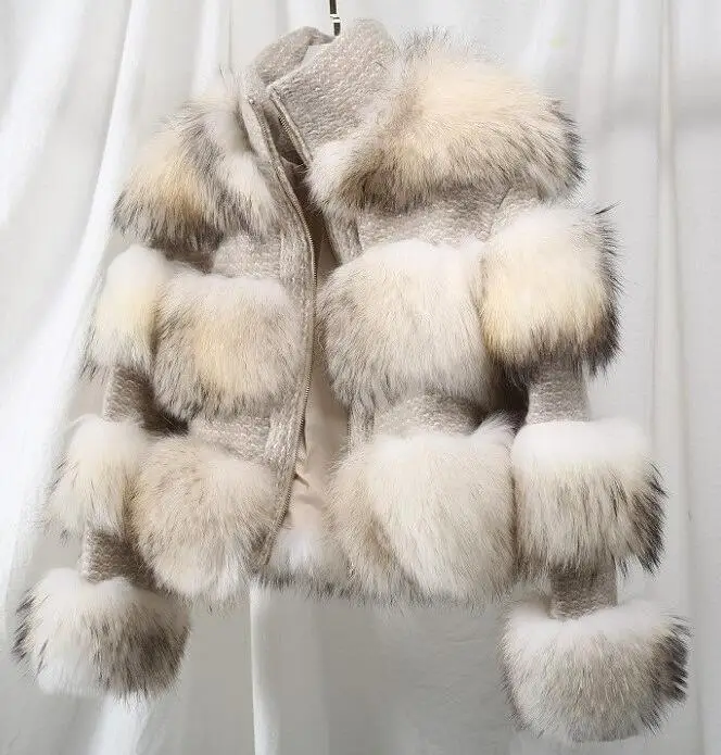dust white winter jacket women parka real fur coat natural raccoon fur collar woolen coat bomber jacket korean streetwear new - Цвет: dust white
