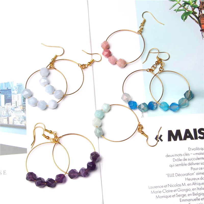 Модные большие круглые серьги с натуральным граненым камнем капли для женщин