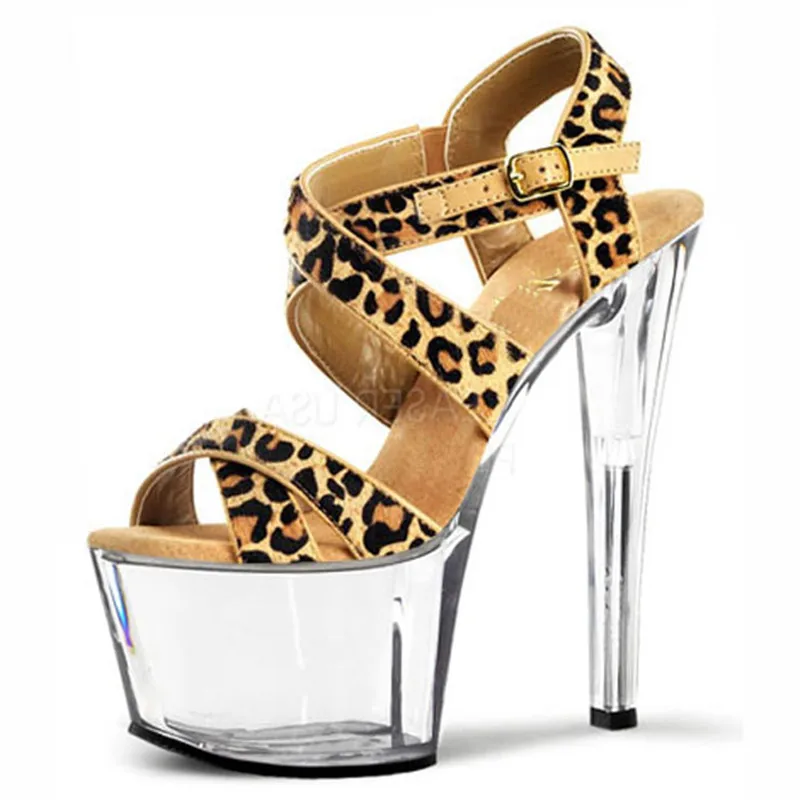 Model party catwalk shoes, women's stage high heels, summer 17cm leopard print upper sandals